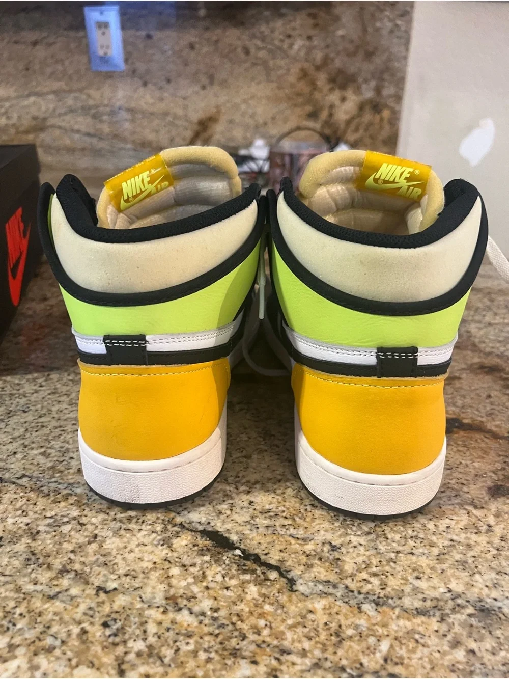Jordan High-Top Sneakers in White, Black, Yellow & Neon Green